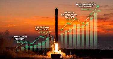 Cohete espacial alzándose entre gráficos financieros ascendentes, simbolizando fuerte financiación
