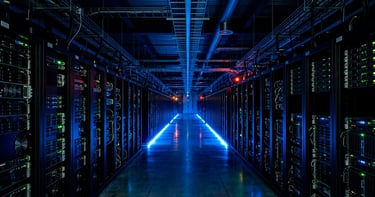 Interior de centro de datos con servidores iluminados, refleja los altos costes de la inteligencia