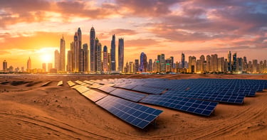 Dubái con rascacielos y paneles solares, simbolizando la diversificación económica
