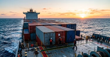 Marinos en cubierta de buque portacontenedores en alta mar, reflejando escasez de oficiales.