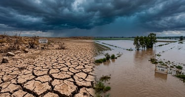 Suelo agrietado junto a una inundación bajo nubes de tormenta; simboliza eventos climáticos extremos