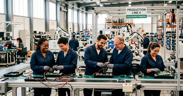 Inmigrantes trabajando en fábrica, reflejando su aporte al crecimiento económico español.