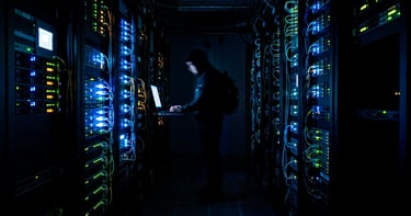 Pasillo de servidores en un centro de datos con una figura humana difuminada