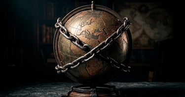 Globo terráqueo metálico envuelto en cadenas representa presión global económica y geopolítica