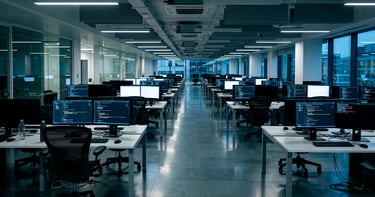 Oficina con puestos vacíos y ordenadores encendidos, simboliza recortes de empleo debido a IA