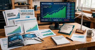 Mesa de trabajo con documentos financieros, pantalla bursátil, chip informático y turbina eólica,