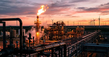 Planta de gas con antorcha junto a molinos de viento en la lejanía, representa dilema energético
