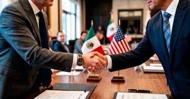 Apretón de manos con banderas de México y EE.UU., representando renegociación del T-MEC.