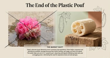 Comparison of a pink plastic bath pouf with a natural loofah sponge for eco-friendly exfoliation.