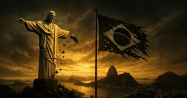 Cristo Redentor rachado e desabando sob um céu tempestuoso em Rio de Janeiro, simbolizando o juízo.