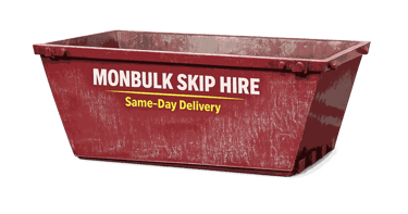 monbulk skip hire maroon skip bin with same day delivery written in yellow on the side