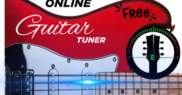 Free online guitar tuner interface featuring a red electric guitar and a digital tuning meter for pitch adjustment.