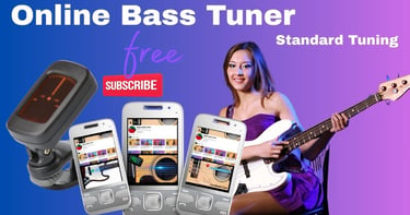 Free online bass tuner app interface with a woman playing a bass guitar in standard tuning.