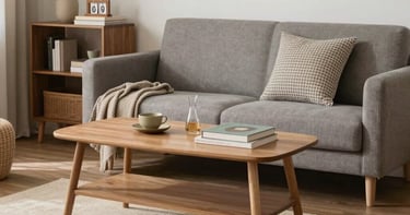 Colorful kitchenware and home gadgets arranged neatly on a wooden table