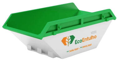 Caçamba verde e branca da Eco-Entulho para aluguel e remoção de entulhos em Primavera do Leste, MT. Solução completa para des