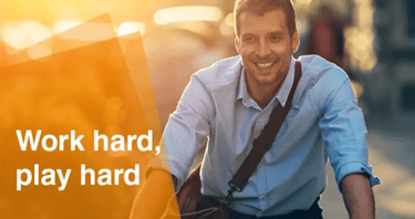 man biking, text 'work hard, play hard'