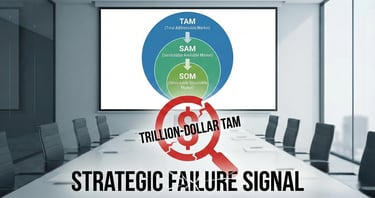 TAM SAM SOM market sizing diagram in a boardroom with overlay text identifying a Trillion-Dollar TAM