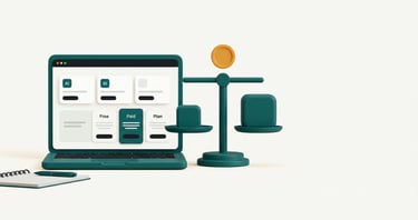 3D illustration of a laptop showing AI pricing plans next to a balance scale and gold coin.