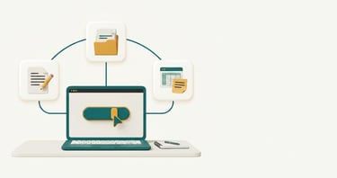 3D laptop illustration showing digital document management, file organization, and cloud data storage workflow.