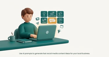 A 3D character using a laptop for social media content planning and AI digital marketing.