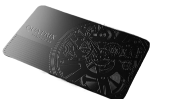 a black and white NFC business card with a clock