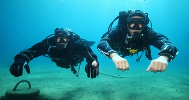 two scuba divers in full bodysuits and diving gear