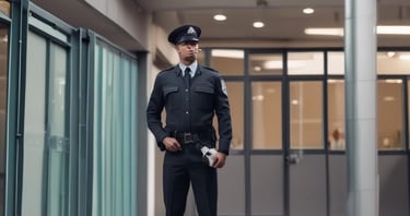 A guard dressed in a formal uniform stands at attention in a sentry box outside a grand historic building with stone walls and large windows. An archway to the right shows part of a courtyard with parked cars and a couple of people walking in the background.