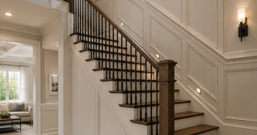 Elegant dark wood staircase with wrought iron spindles and white wainscoting in a luxury home foyer.