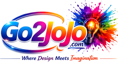 Go2Jojo logo with a glowing lightbulb and colorful paint splash, featuring the slogan Where Design Meets Imagination.