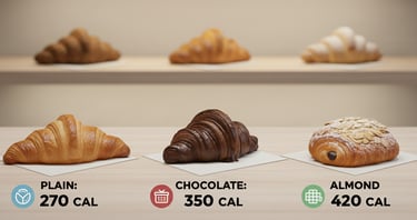 Croissant calories comparison with plain, chocolate, almond, and healthier croissant options