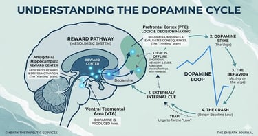 A graphic of the brain and the dopamine reward system.