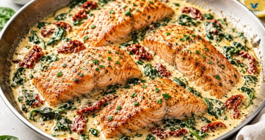 Creamy Garlic Butter Tuscan Salmon served in a skillet with spinach and sun-dried tomatoes.