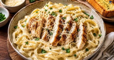 Creamy Chicken Alfredo pasta topped with Parmesan cheese and parsley, served with garlic bread on a