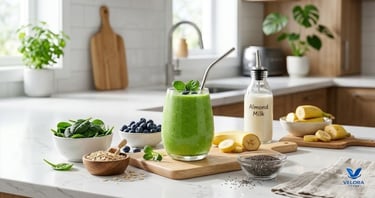 A summer smoothie breakfast featuring an assortment of fresh vegetables like spinach, oats