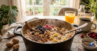 High fiber breakfast with apple cinnamon oatmeal, walnuts and flaxseed.