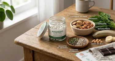 Bottle of chelated magnesium supplement with natural food sources like nuts and spinach.