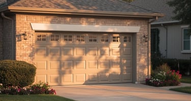 Modern beige sectional garage door with windows on a brick house during sunset.