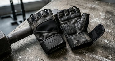 Close em par de luvas de musculação pretas com textura antiderrapante e wrist strap em academia