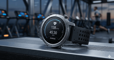 Close em smartwatch esportivo preto com interface de monitoramento de treino ativa sobre superfície
