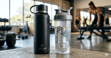 Garrafa térmica preta e shaker translúcido com gotas de água em ambiente de academia.