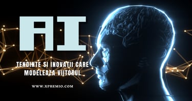 Un profil uman stilizat, realizat din linii luminoase albe pe un fundal negru, se contopeste cu un circuit electronic complex