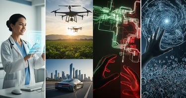 Collage of AI applications across healthcare, agriculture, mobility, cybersecurity, and science.