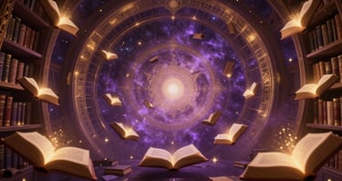 Cosmic library of infinite glowing books floating in deep violet and gold space