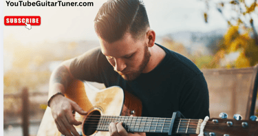 A musician playing an acoustic guitar outdoors, promoting a YouTube guitar tuner channel.