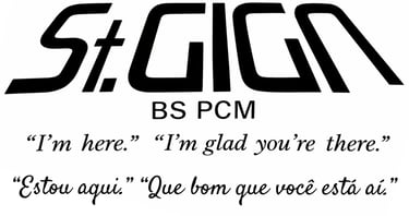 O logotipo da St.GIGA com seu lema: "'Estou aqui.' 'Que bom que você está aí.'"