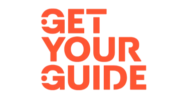 Orange GetYourGuide logo text on a black background for travel bookings and tour experiences.