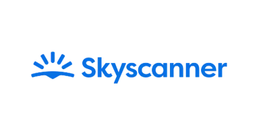 Skyscanner logo featuring blue text and a stylized sun icon on a black background.