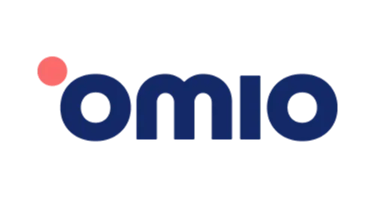 Omio travel platform logo in blue text with a red dot on a black background.