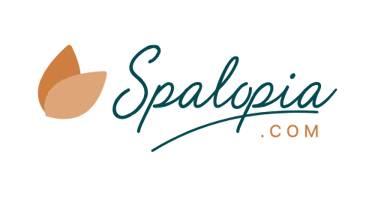 Spalopia.com logo featuring teal cursive typography and orange leaf icons on a black background.