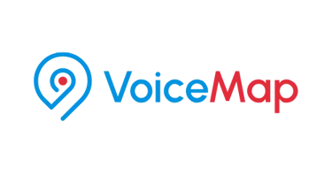 VoiceMap logo featuring a blue location pin icon and red text on a black background.